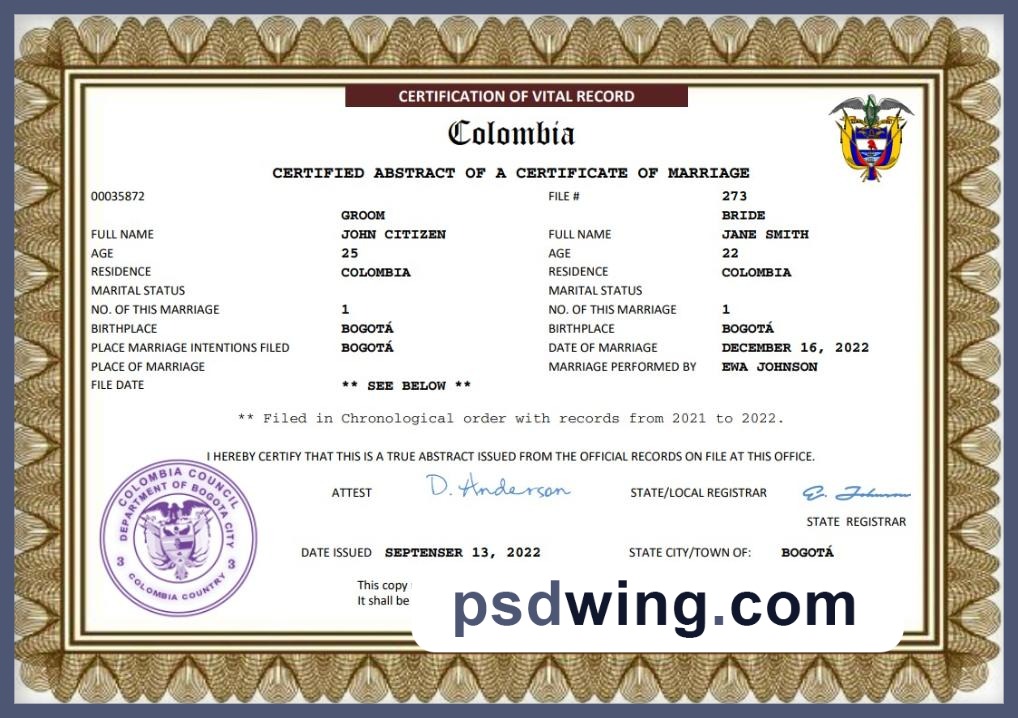 Colombia Marriage Certificate (Word & PDF)